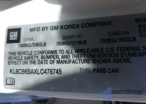 2020 Chevrolet Spark Fwd Ls Automatic из США, поврежденный, VIN KL8CB6SAXLC478745